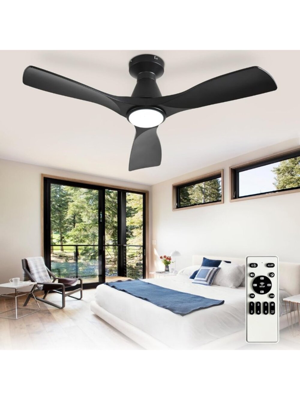 42-Inch Black Flush Mount Ceiling Fan with Lights & Remote - Dimmable, Ultra